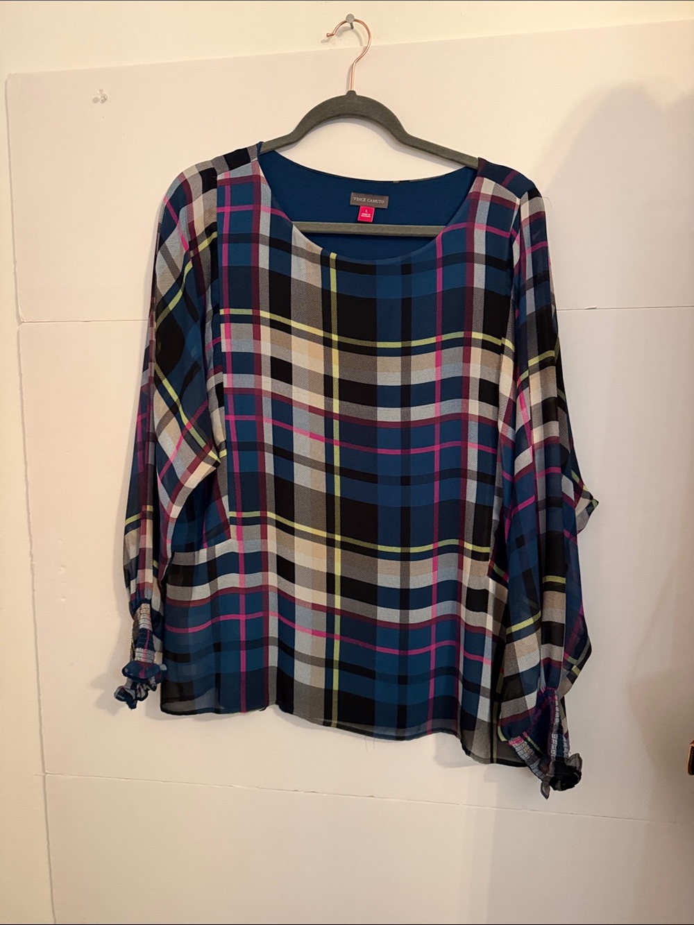 Vince Camuto Blue Plaid Scoop Neck Blouse with Pink & Yellow Stripes large